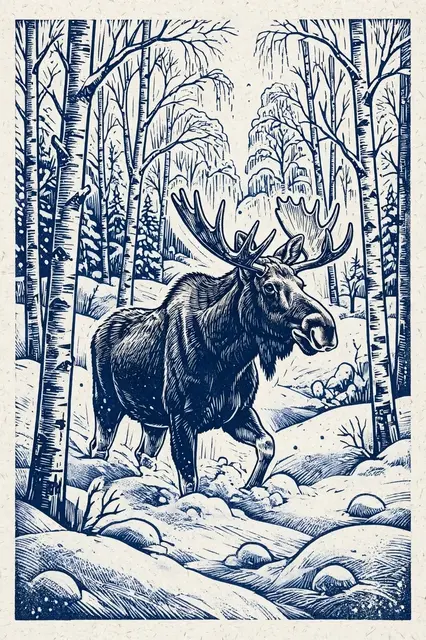 Dark blue linocut illustration of a bull moose wading through snow in a birch winter forest