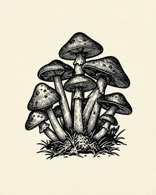 Black ink linocut illustration of a cluster of forest mushrooms on cream paper
