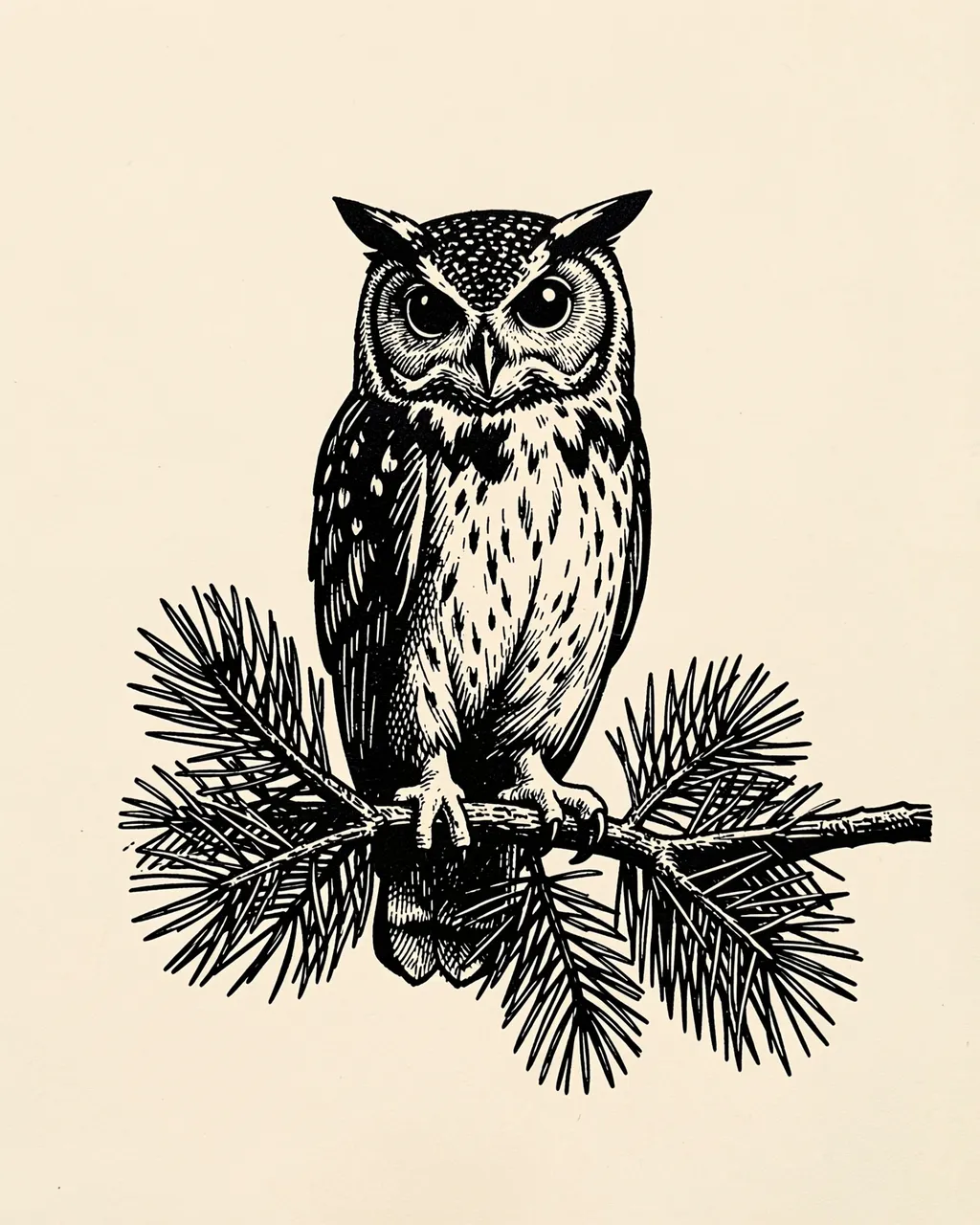 Black ink linocut illustration of an owl perched on a pine branch against cream paper
