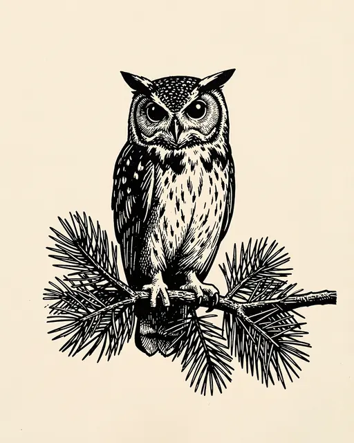 Black ink linocut illustration of an owl perched on a pine branch against cream paper