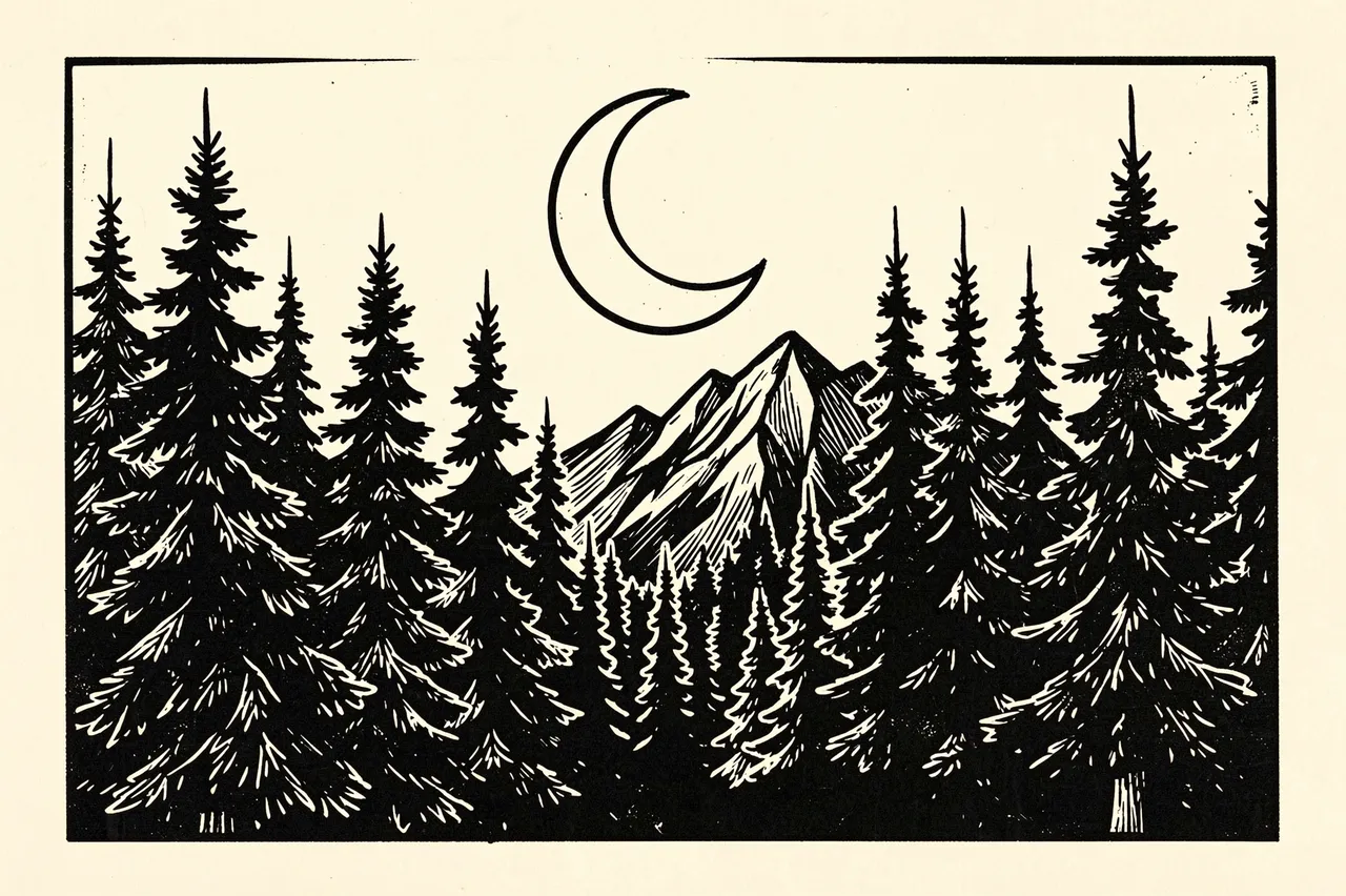 Black ink linocut print of a pine forest, mountain range and crescent moon on cream paper
