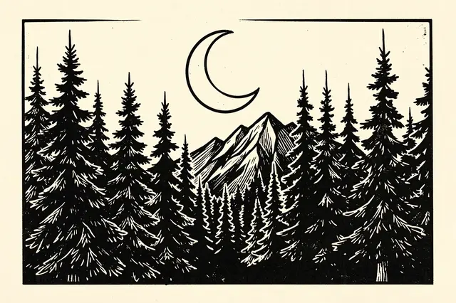 Black ink linocut print of a pine forest, mountain range and crescent moon on cream paper