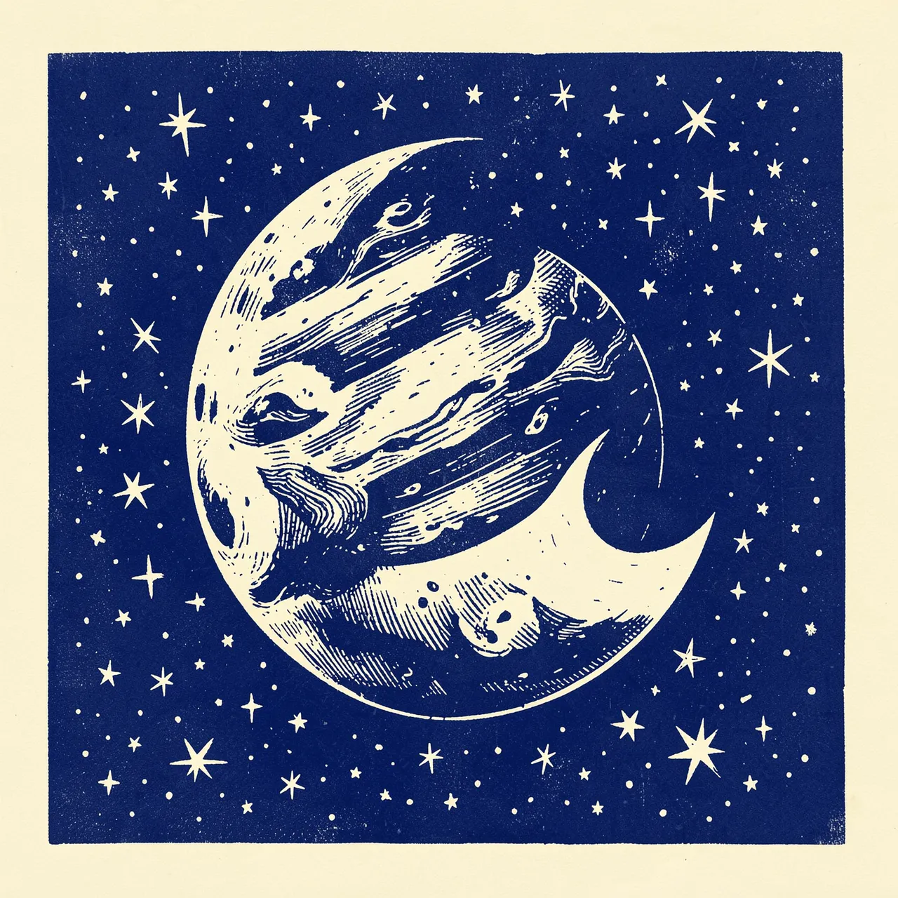 Deep blue linocut print of a large planet, crescent moon, and scattered stars on cream paper