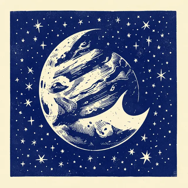 Deep blue linocut print of a large planet, crescent moon, and scattered stars on cream paper