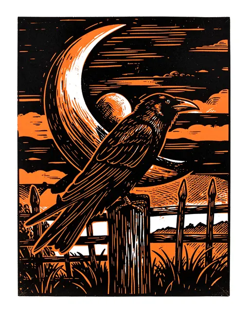 Black and orange linocut print of a raven perched on a fence post under a large crescent moon