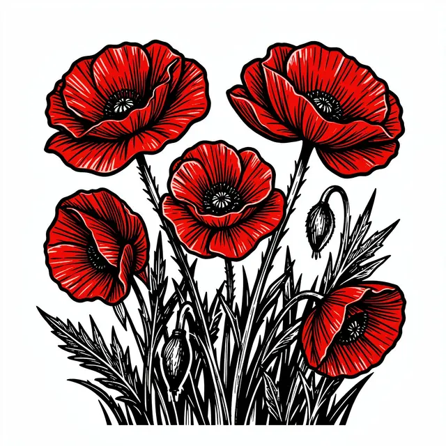 Bold linocut illustration of red poppies with black linework on a plain white background