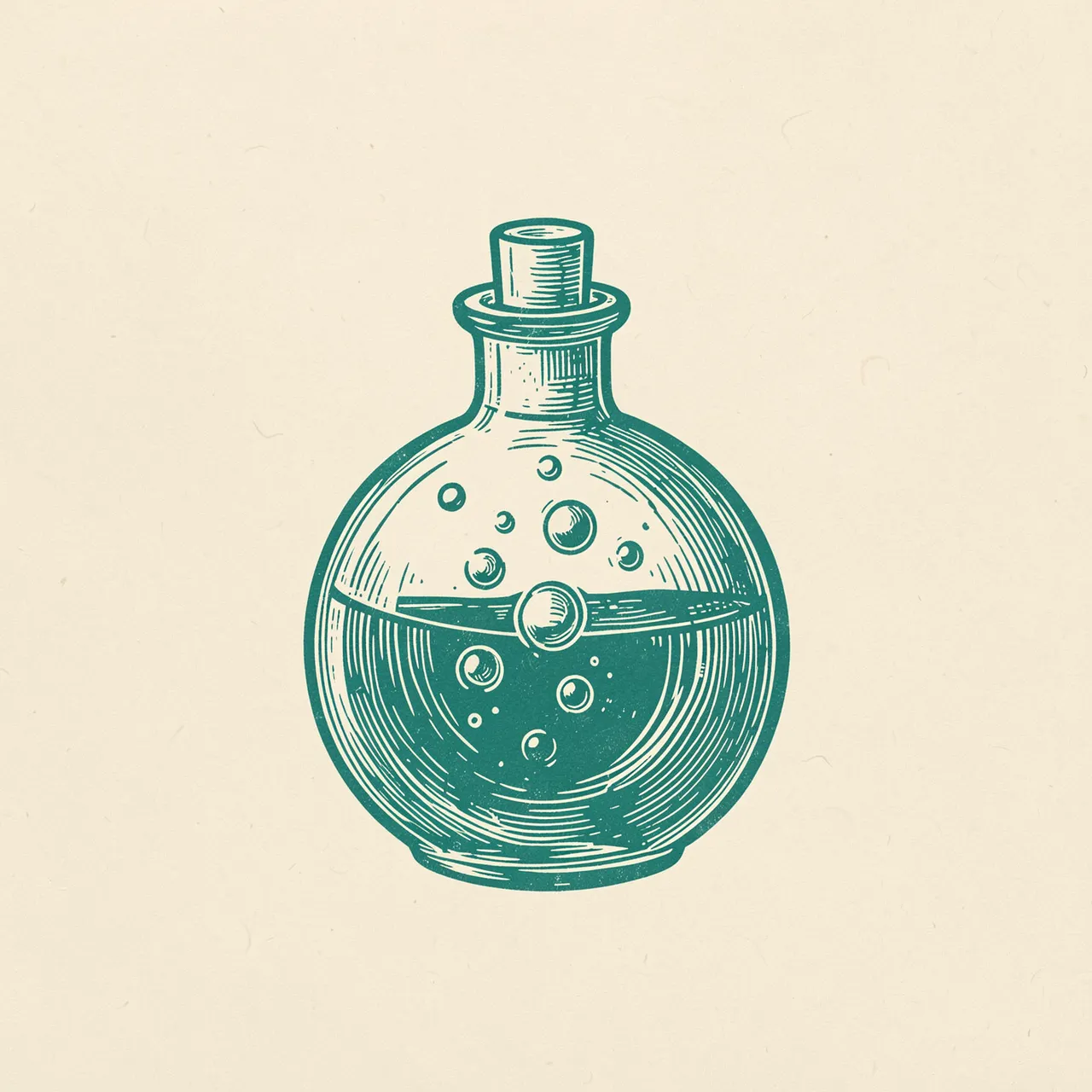Teal linocut illustration of a round glass flask with rising bubbles on cream textured paper