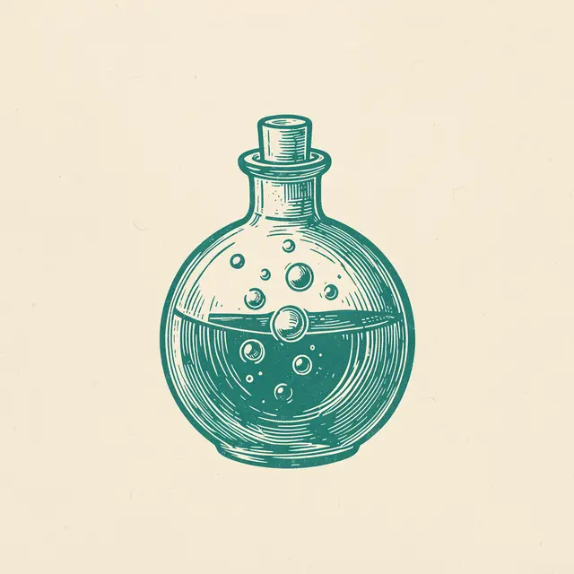 Teal linocut illustration of a round glass flask with rising bubbles on cream textured paper