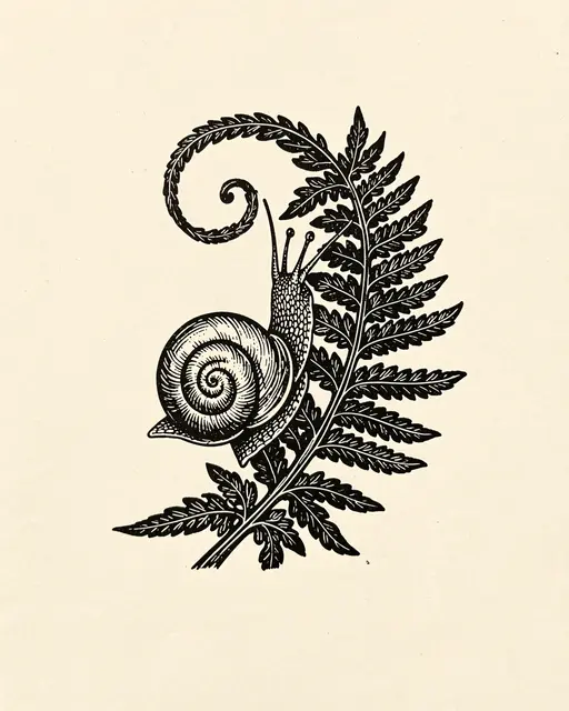 Black ink linocut of a snail climbing a curled fern frond on cream paper