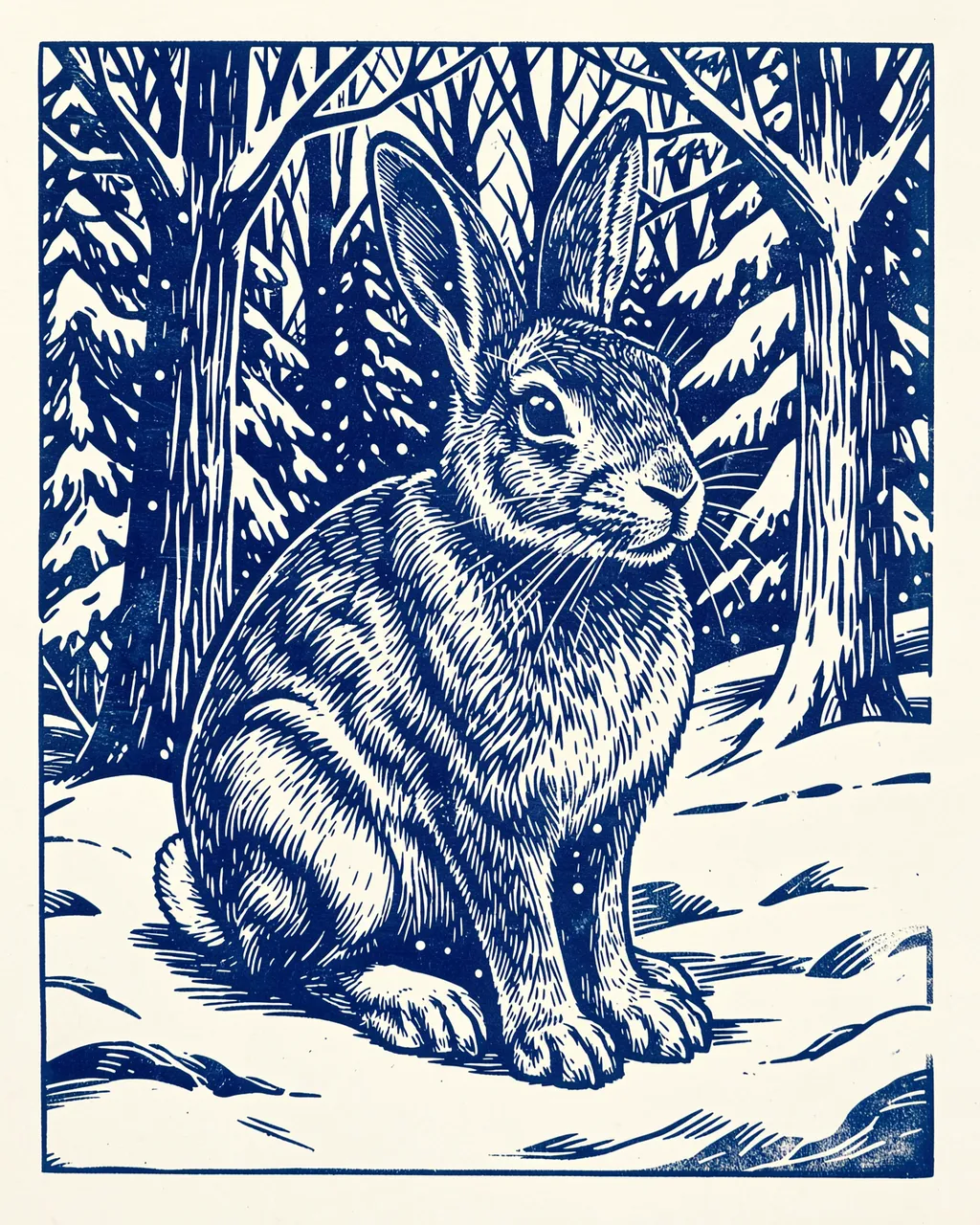 A seated snowshoe hare rendered in blue and white linocut style in a snowy woodland