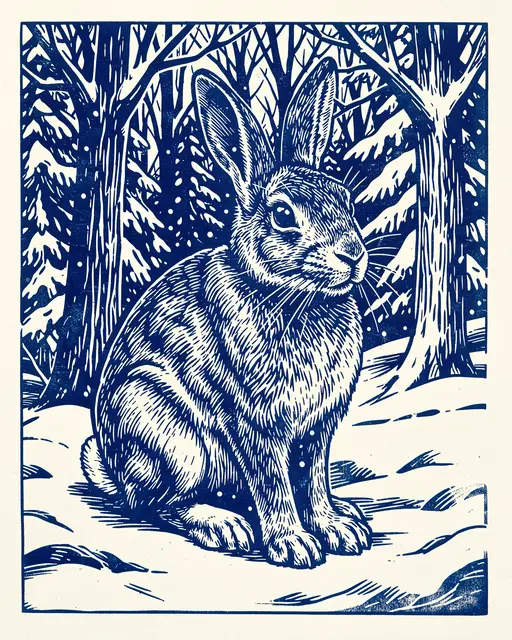 A seated snowshoe hare rendered in blue and white linocut style in a snowy woodland