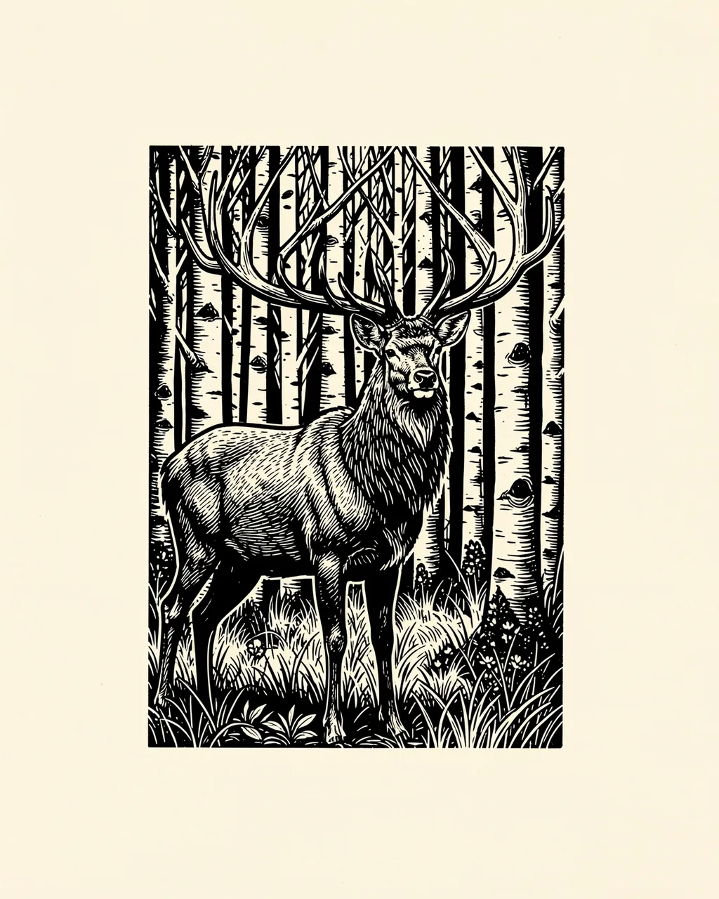 Black ink linocut print of a standing stag centered in a birch forest on cream paper