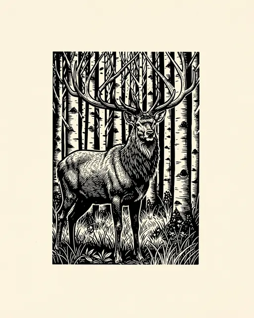 Black ink linocut print of a standing stag centered in a birch forest on cream paper