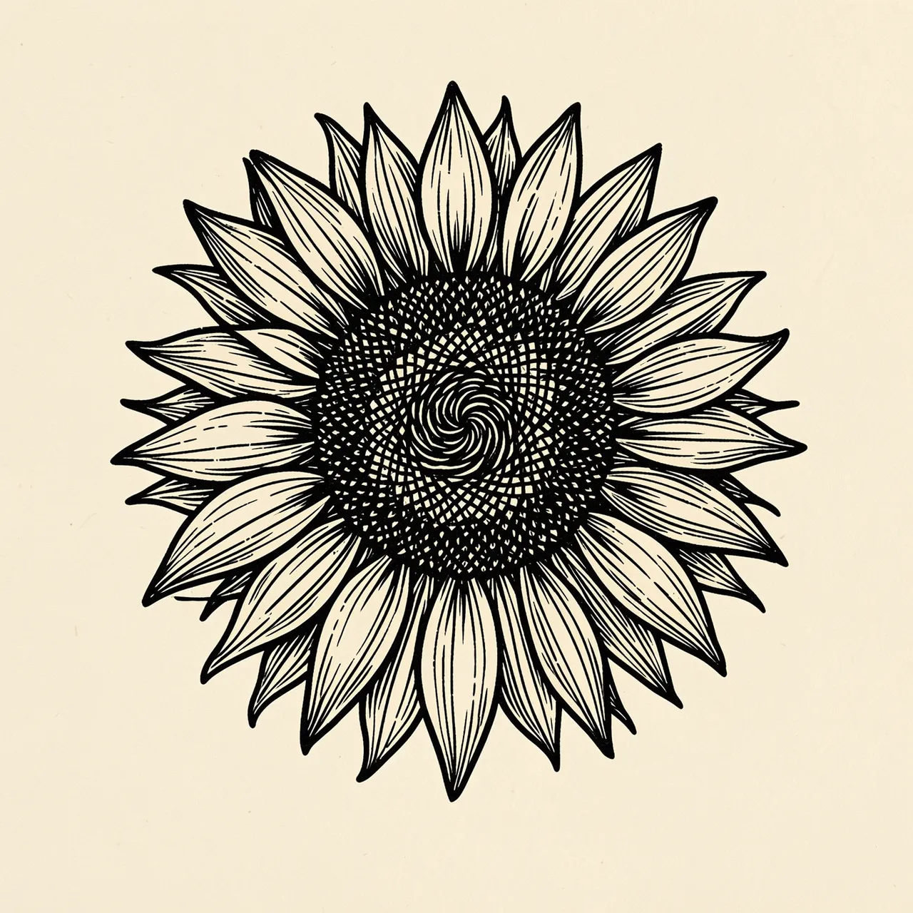 Black linocut style sunflower head with spiral seed center on cream paper