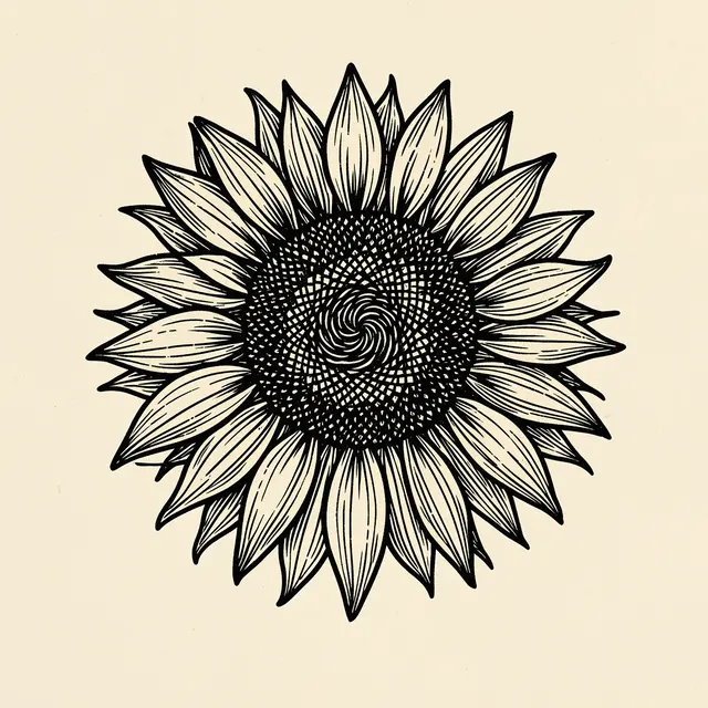 Black linocut style sunflower head with spiral seed center on cream paper