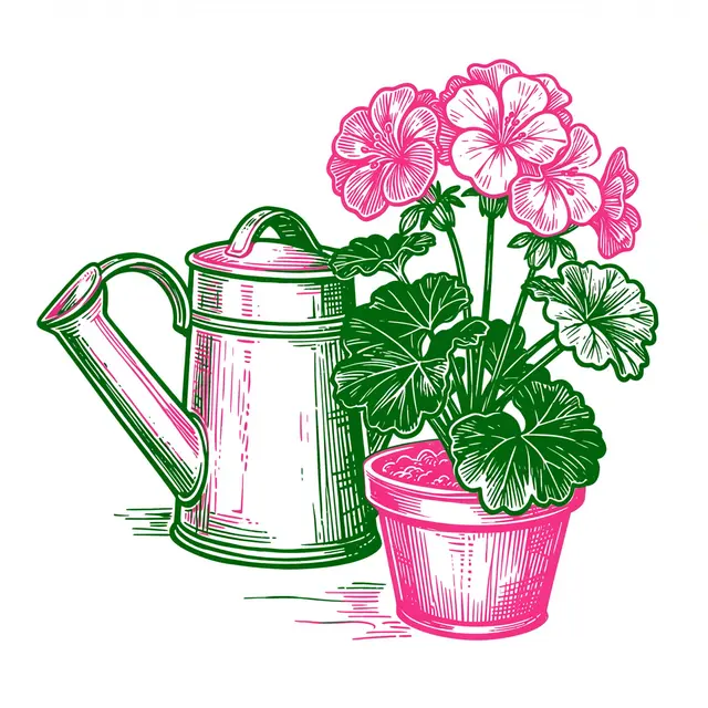 Pink and green linocut illustration of a watering can next to a potted geranium plant on a plain white background