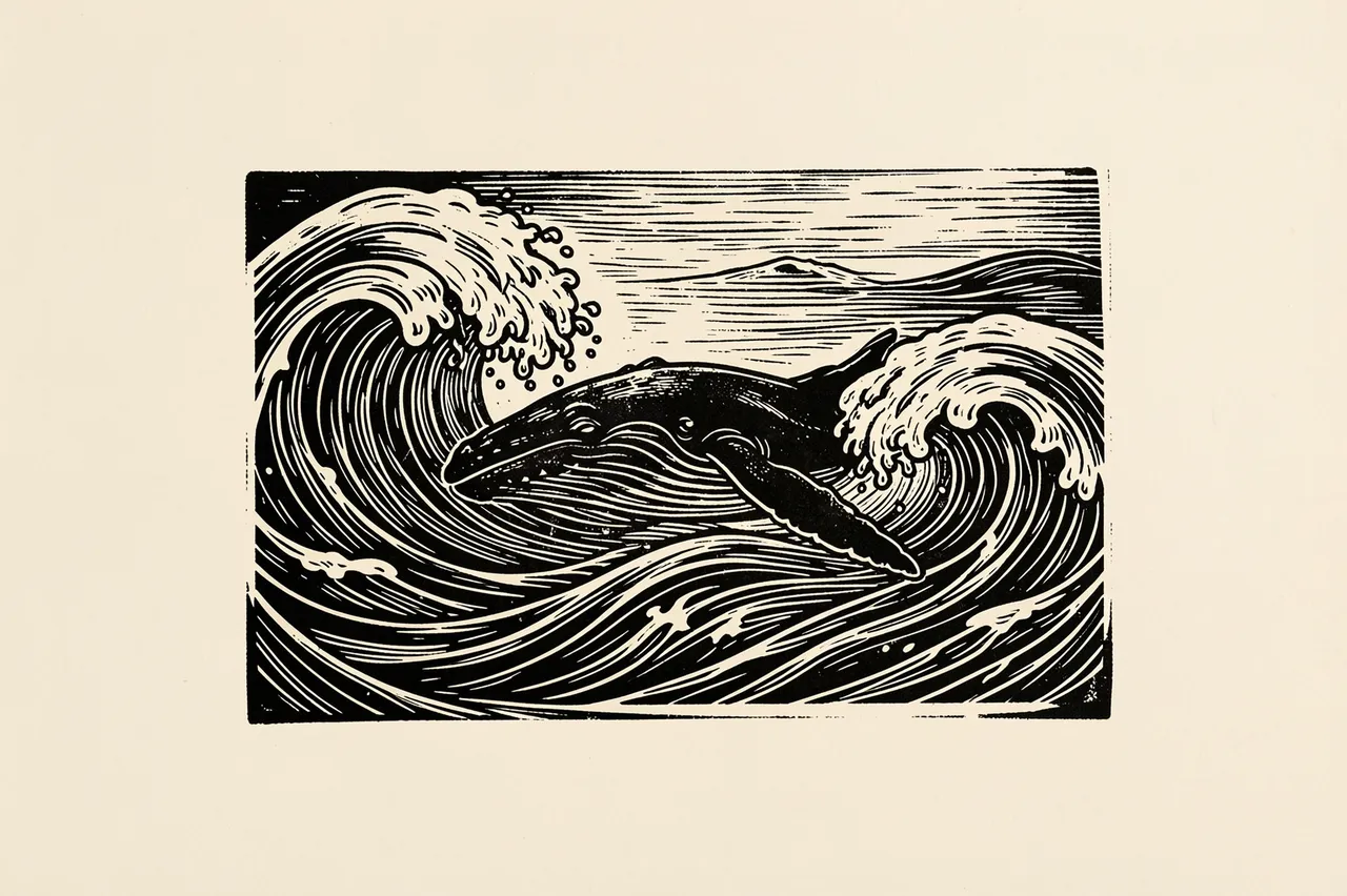 Black ink linocut print of a whale swimming through curling ocean waves on cream paper