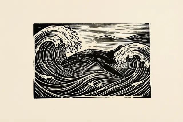 Black ink linocut print of a whale swimming through curling ocean waves on cream paper