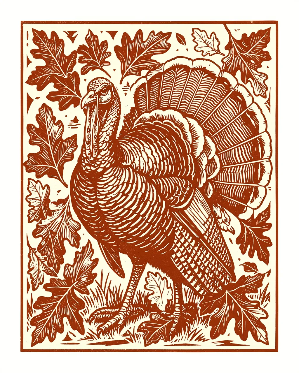 Rust and cream linocut print of a wild turkey surrounded by oak leaves