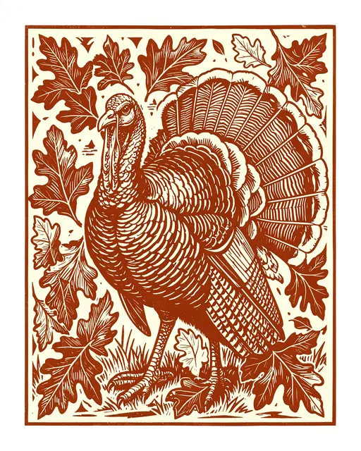Rust and cream linocut print of a wild turkey surrounded by oak leaves