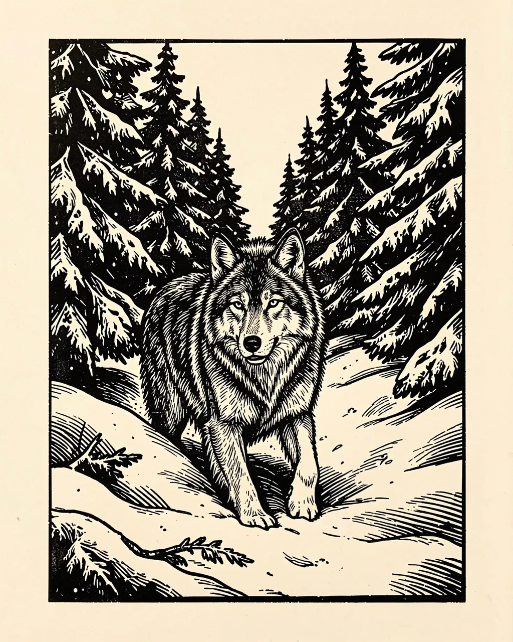Black ink linocut of a wolf standing in deep snow between snow-covered pine trees on cream paper
