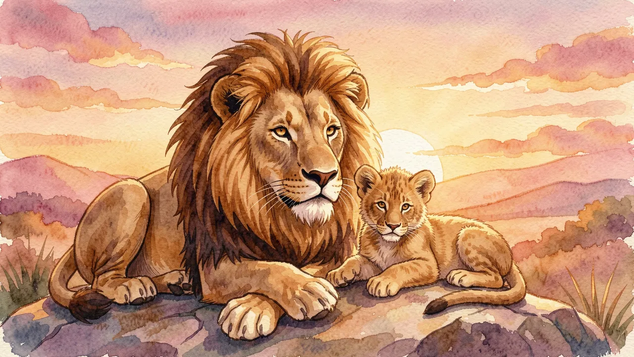 A maned lion and his cub rest side by side on a rock during a warm savanna sunset.