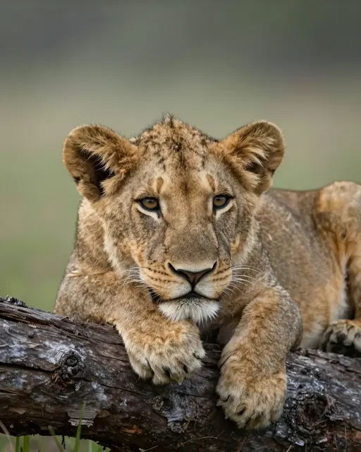Young spotted lion cub rests its chin and front paws on a weathered fallen log, gazing toward the viewer with soft morning