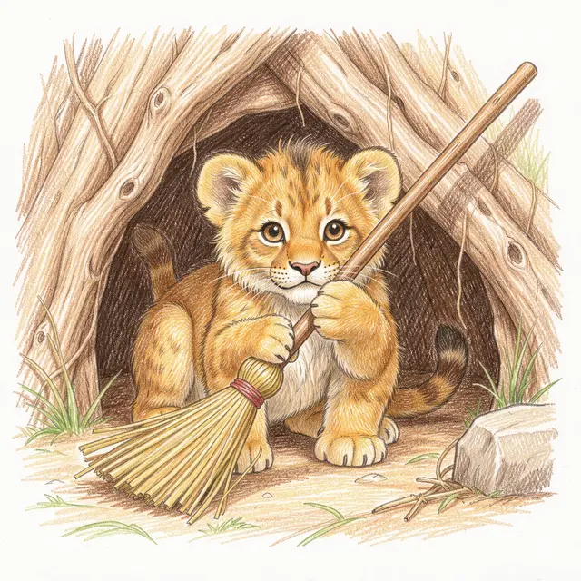 Colored pencil drawing of a fluffy lion cub holding a straw broom at the entrance of its wooden den