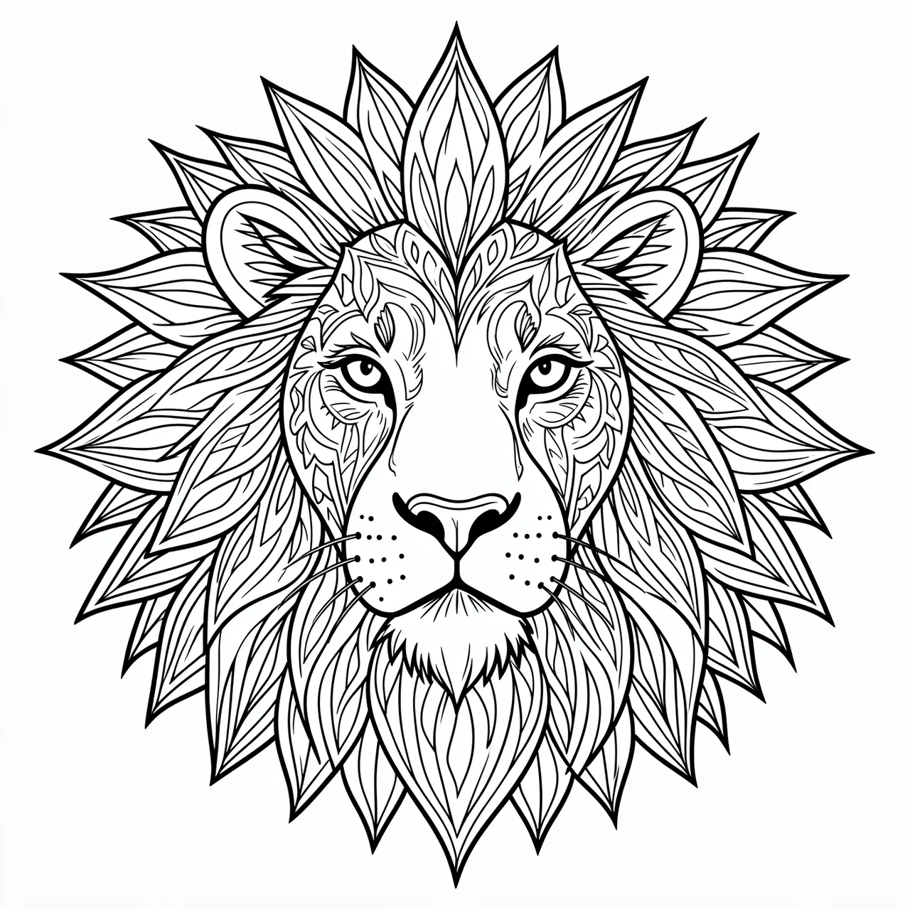 Black and white intricate line art of a lion head mandala with a sunburst mane on a plain white background