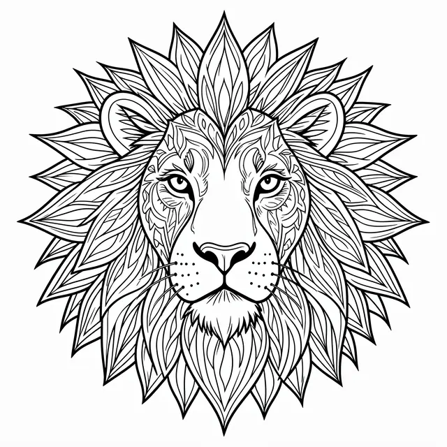 Black and white intricate line art of a lion head mandala with a sunburst mane on a plain white background