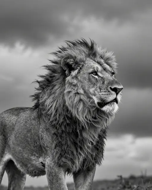 Black and white side profile of a male lion with a windswept mane standing against a stormy cloudy sky