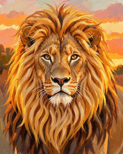 Thick brushstroke oil painting of a male lion with a golden mane against a warm sunset savanna sky