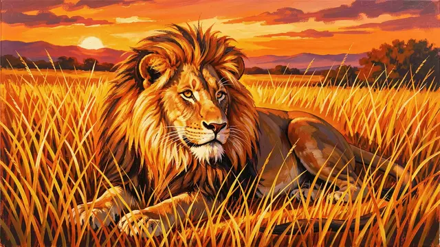 An acrylic painted male lion rests in tall golden savannah grass beneath a warm orange sunset sky