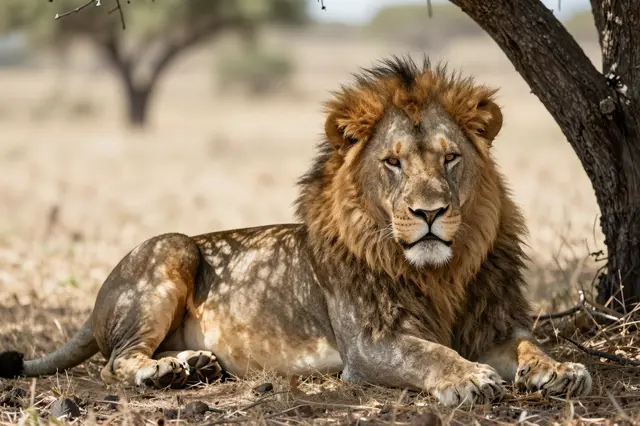 A male lion with a ruffled mane lies relaxed in dappled shade under an acacia tree on the savanna