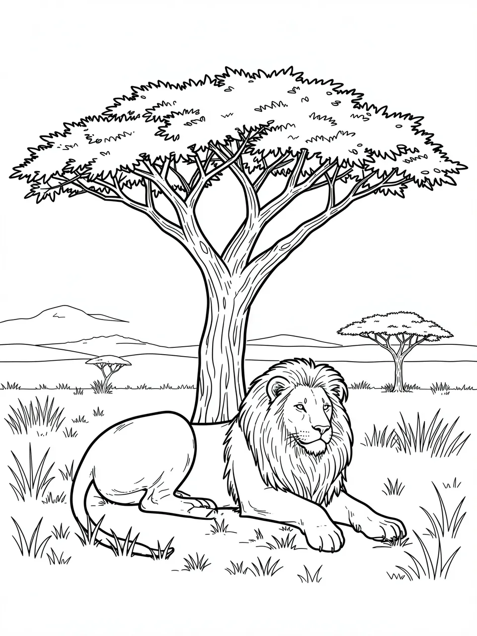 Clean black and white line art of a resting savanna lion under a large acacia tree