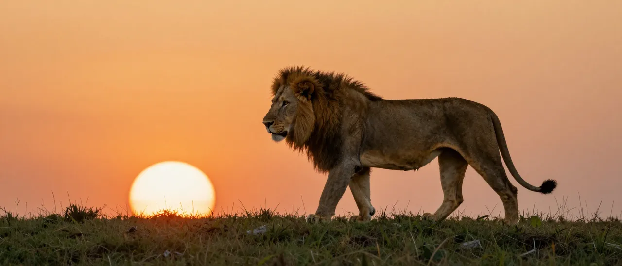 A male lion walks along a grassy hill crest in front of a large glowing orange sunset