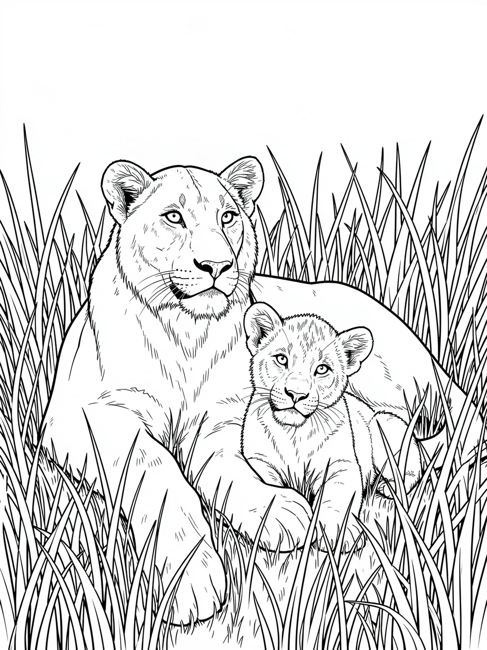 Black and white line art of a lioness and her cub resting together in tall savanna grass
