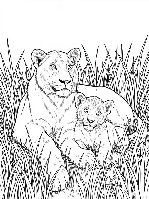 Black and white line art of a lioness and her cub resting together in tall savanna grass