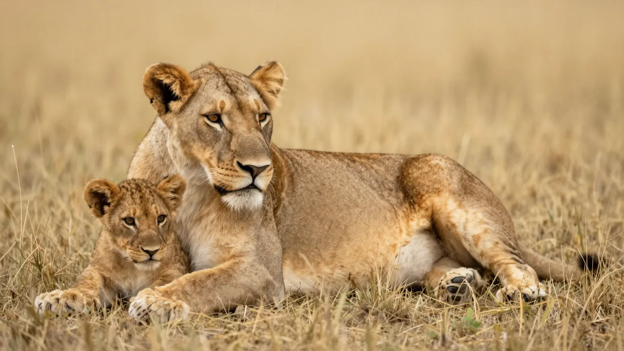 A lioness and her small cub rest side by side on dry golden savanna grass