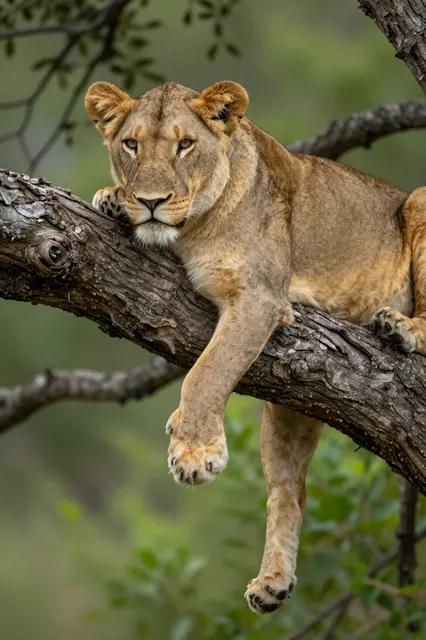 A lioness lies relaxed on a thick gnarled tree branch with legs hanging down, surrounded by green foliage.