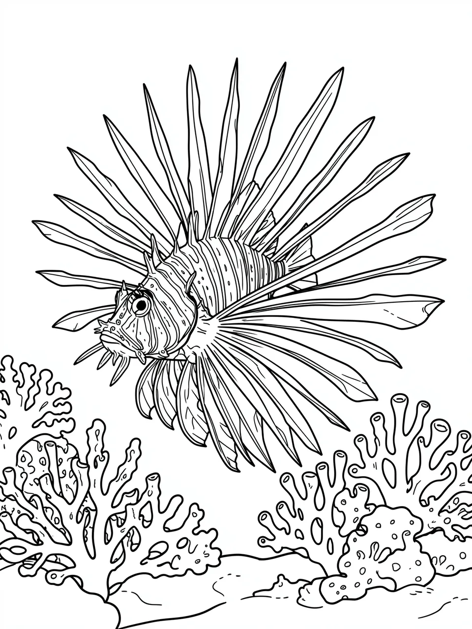 Black and white line art of a lionfish with spread fins positioned above a coral reef on a white background