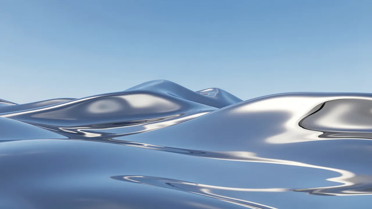 Smooth reflective liquid chrome dunes stretch beneath a clear soft blue sky