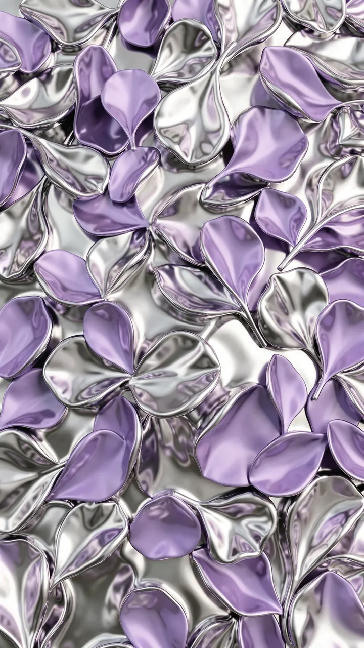 Close-up of overlapping melting metallic flower petals in silver and soft lilac chrome finish