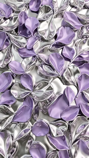 Close-up of overlapping melting metallic flower petals in silver and soft lilac chrome finish