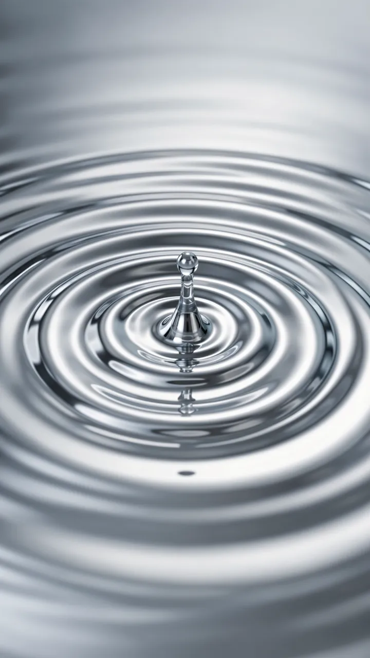 Mirror-bright silver chrome ripples spread outward from a central droplet impact point