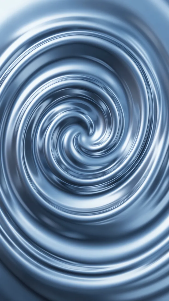 Overhead view of a smooth silver liquid chrome spiral lit with soft cool blue light