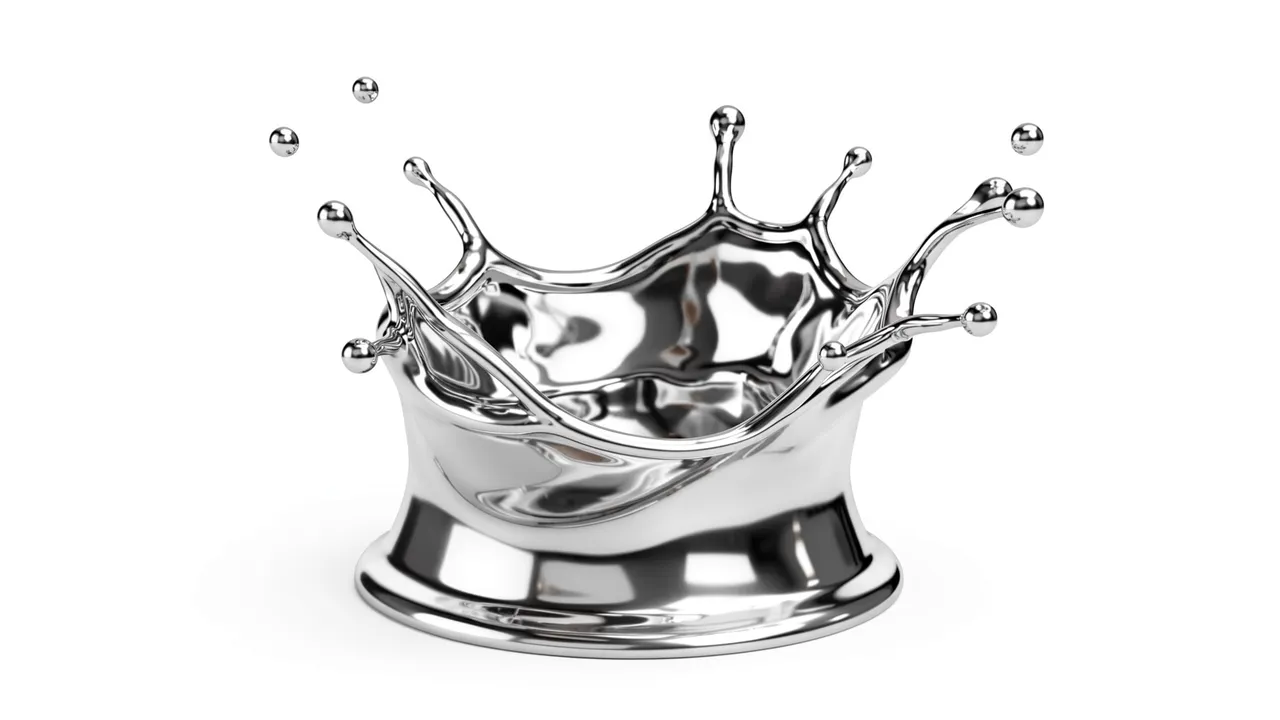 Shiny reflective liquid chrome splash captured mid-motion against a plain white background