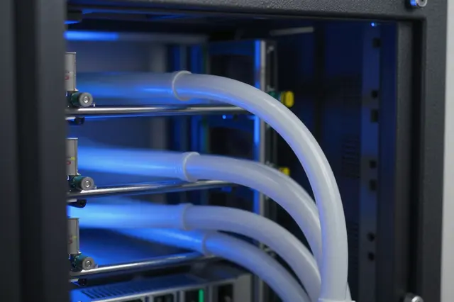 Close-up of translucent liquid cooling pipes inside a server rack lit by soft blue light