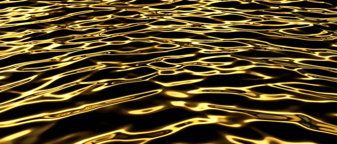 Glowing wavy liquid gold ripples spread across a deep black background