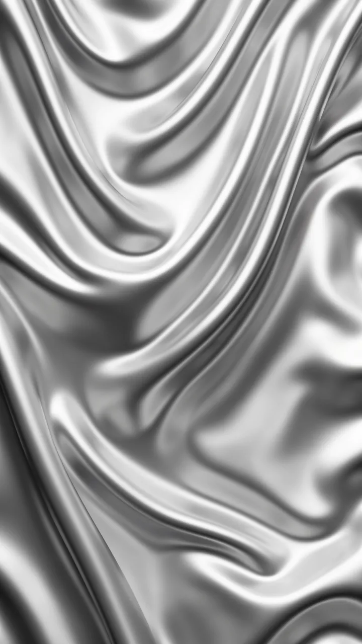 Vertical frame of smooth draped liquid silver chrome formed into soft flowing silk-like folds with gentle reflective